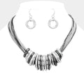 Antique Metal O Ring Necklace and Earring Set - Multi / Worn Silver