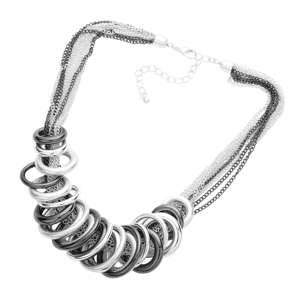 Antique Metal O Ring Necklace and Earring Set - Multi / Worn Silver