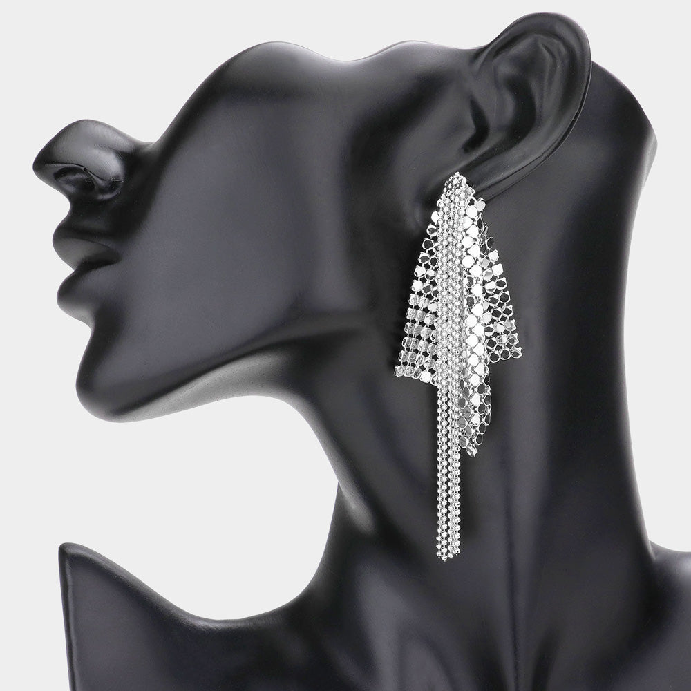 Mesh Ball Chain Linear Earrings - Rhodium