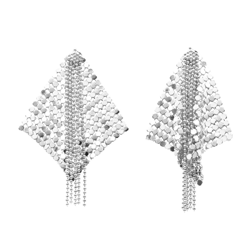Mesh Ball Chain Linear Earrings - Rhodium