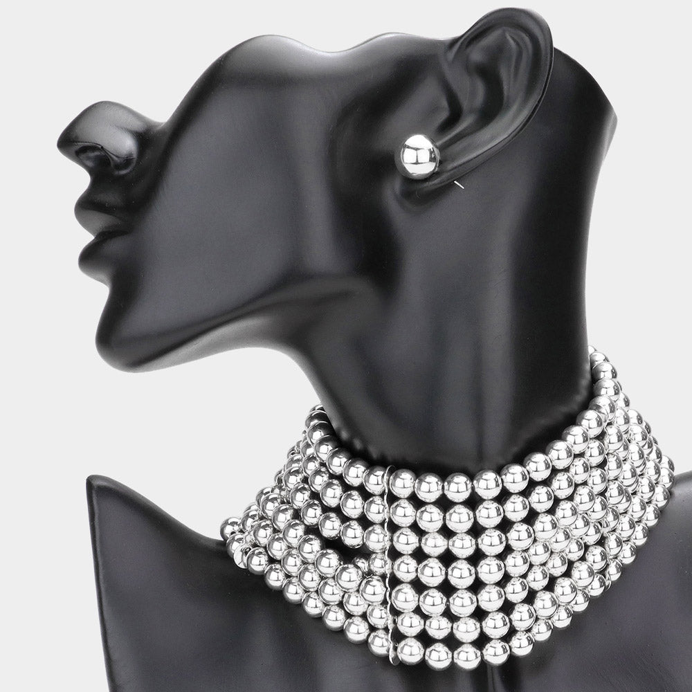 Layered Metal Ball Choker and Earring Set - Rhodium
