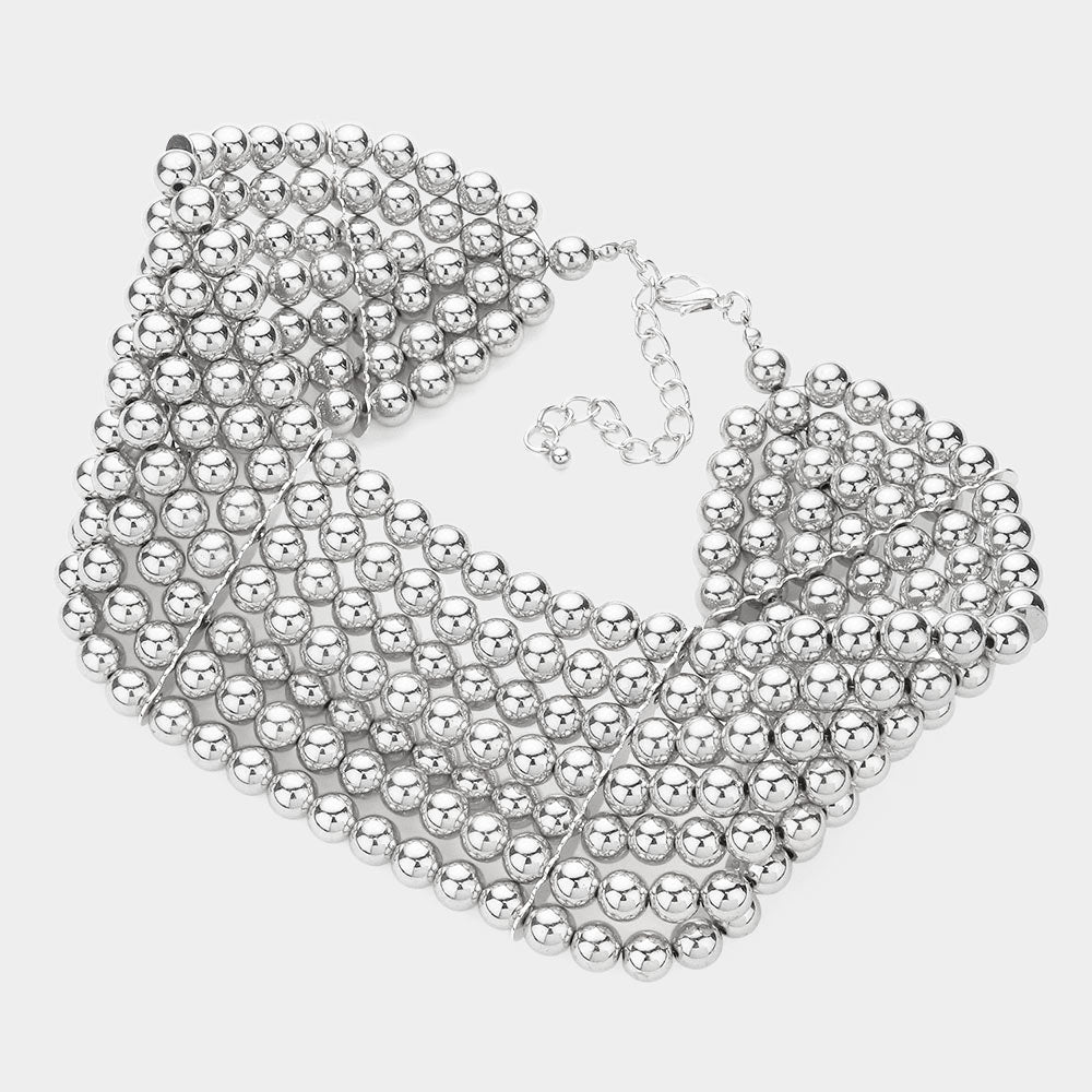 Layered Metal Ball Choker and Earring Set - Rhodium