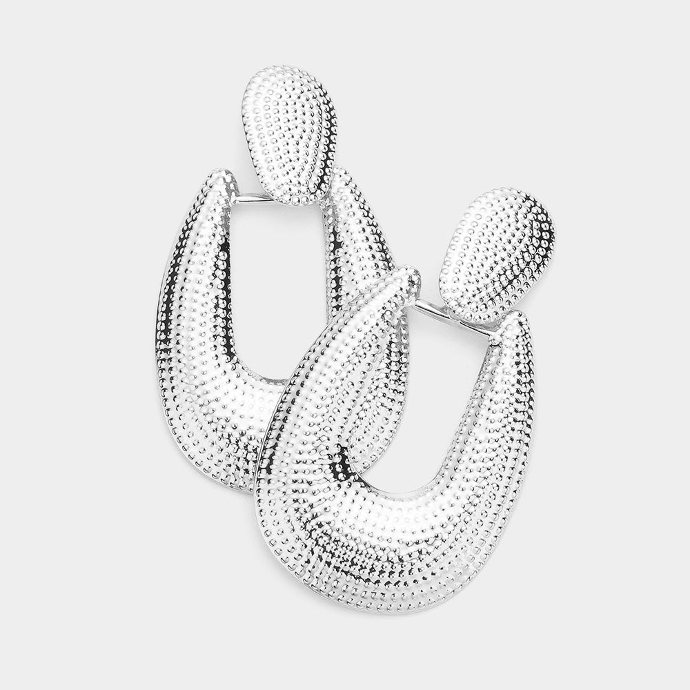Textured Open Metal Dangle Earrings - Rhodium