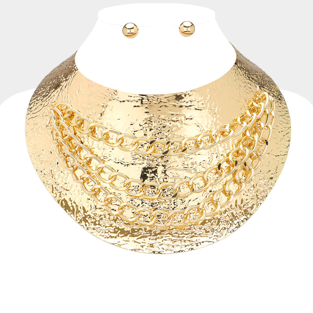 Layered Hammered Plate Necklace and Earring Set - Gold