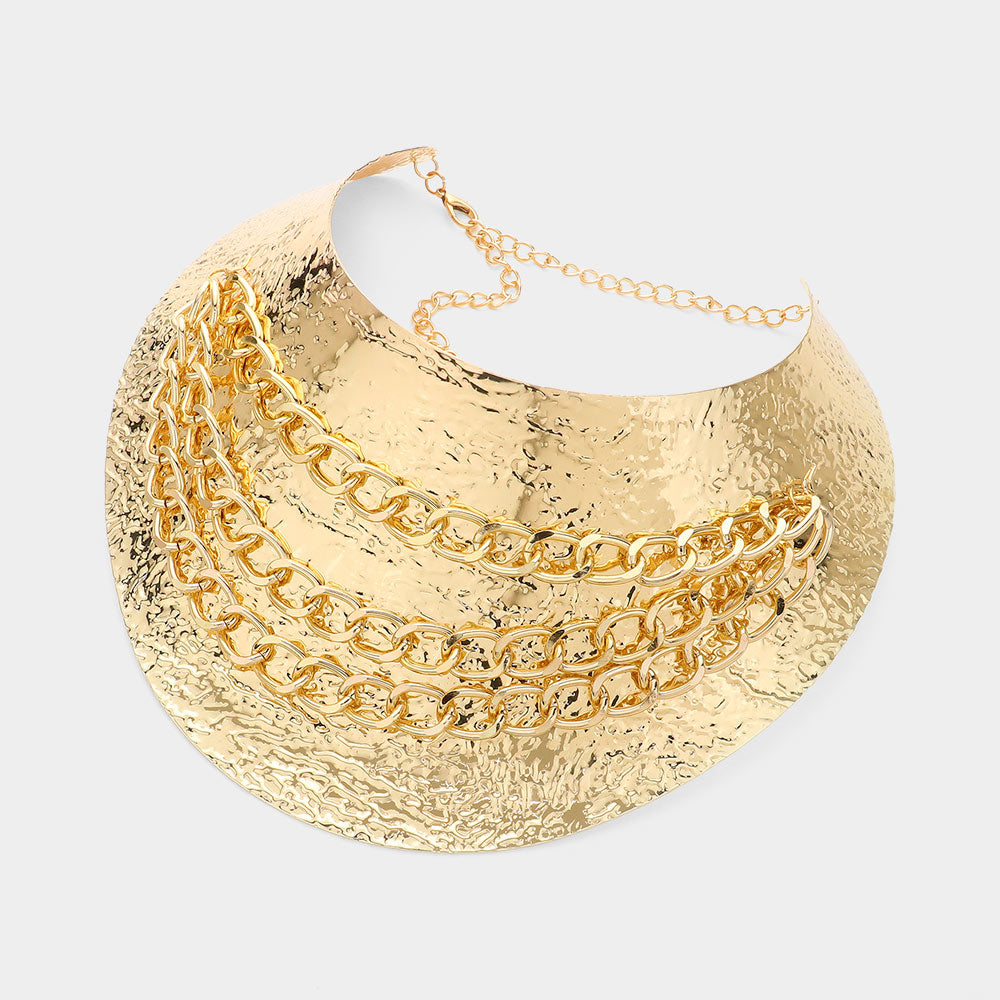 Layered Hammered Plate Necklace and Earring Set - Gold