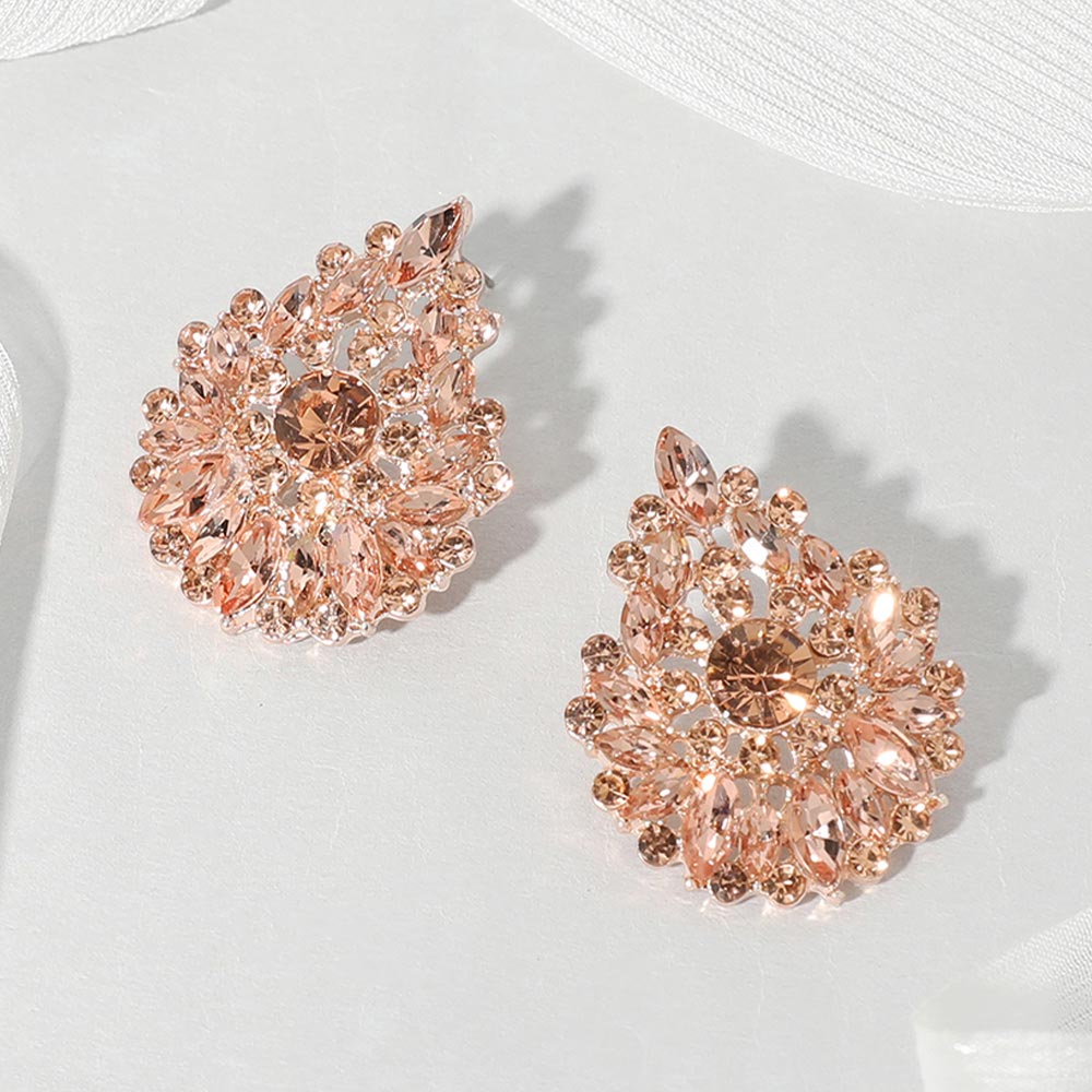 Round and Marquise Crystal Cluster Earrings - Peach / Rose Gold - view 1