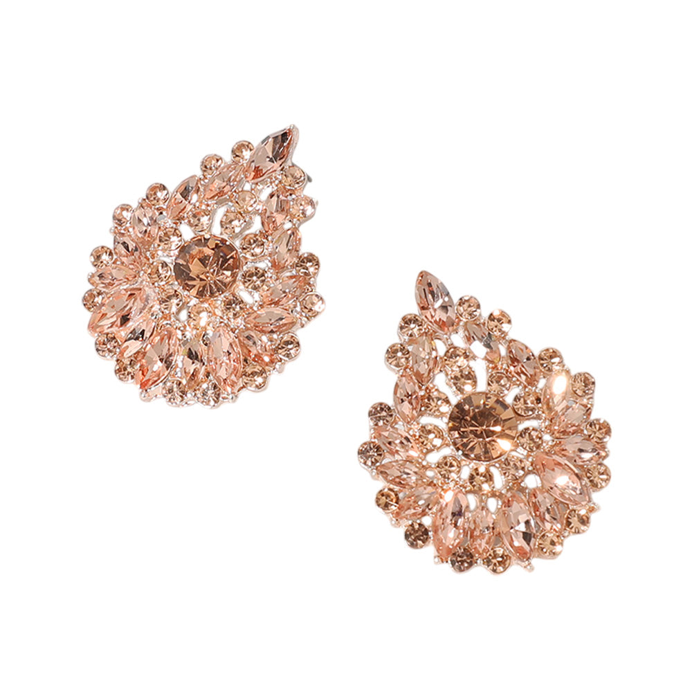 Round and Marquise Crystal Cluster Earrings - Peach / Rose Gold - view 2
