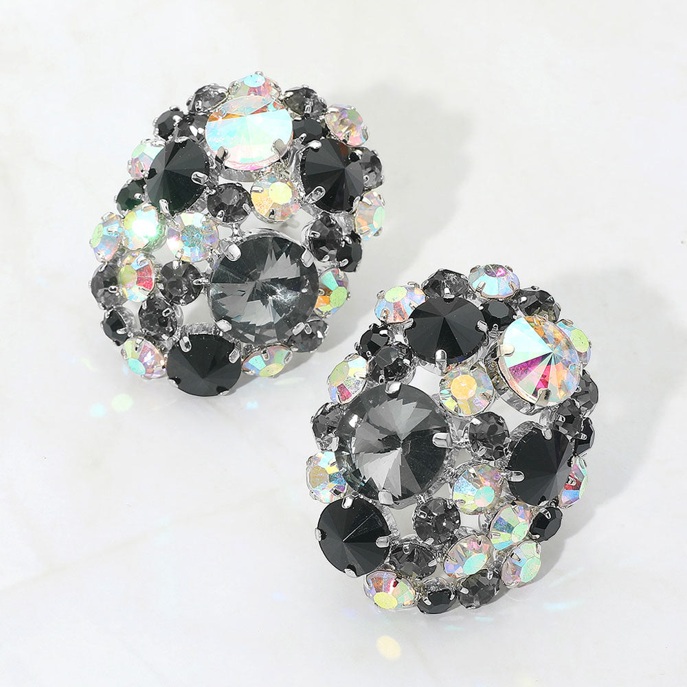 Oversized Rhinestone Cluster Clip-On Earrings - Black - view 1