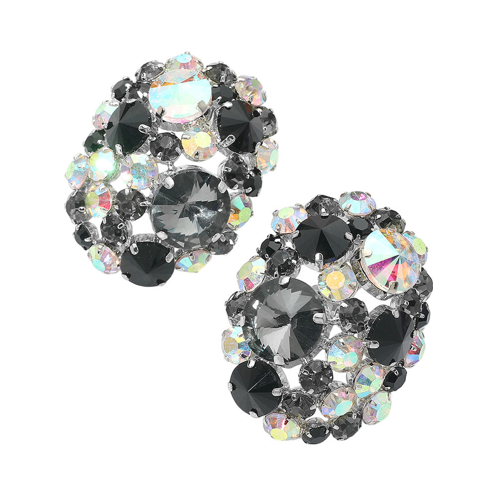 Oversized Rhinestone Cluster Clip-On Earrings - Black - view 2