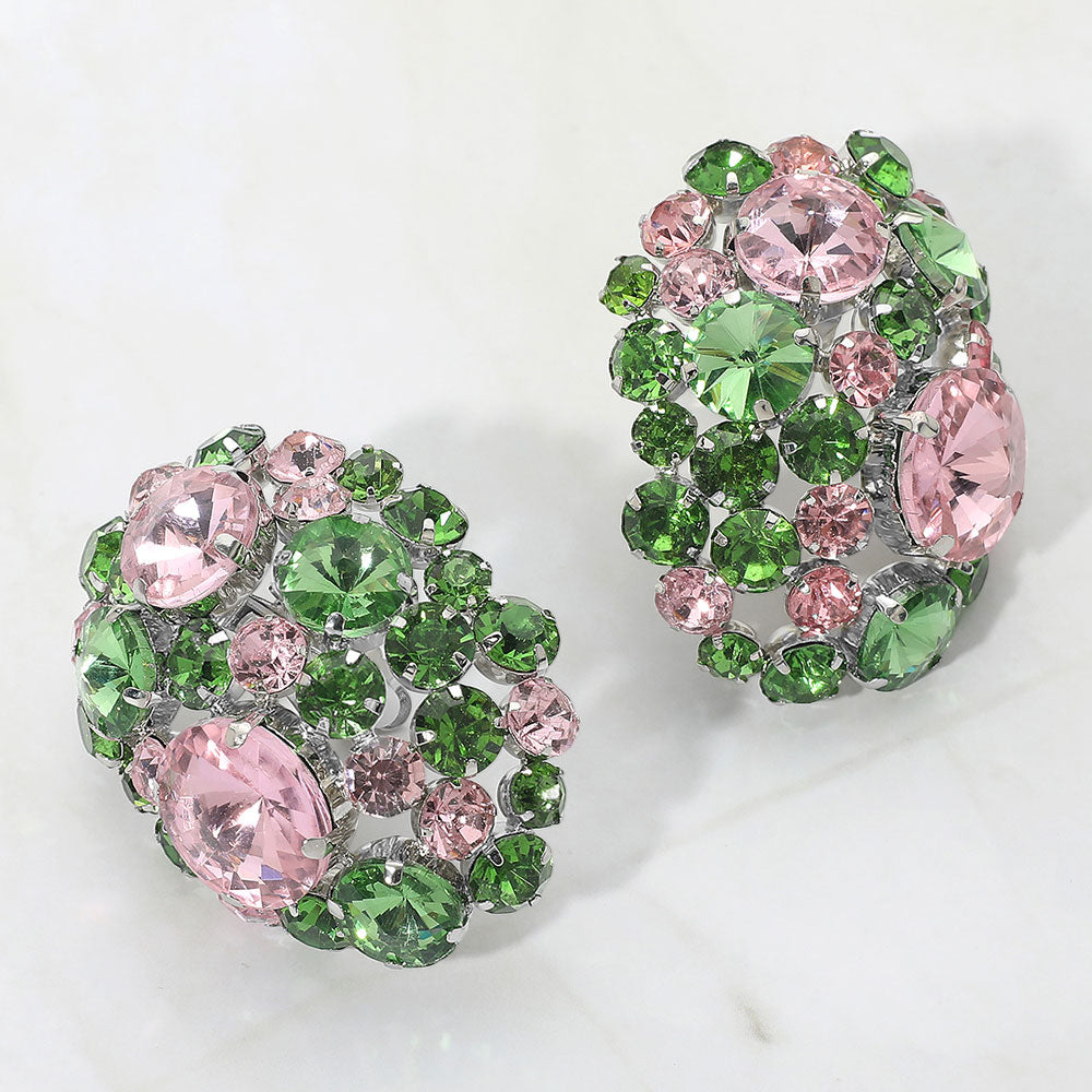 Oversized Rhinestone Cluster Clip-On Earrings - Pink & Green - view 1