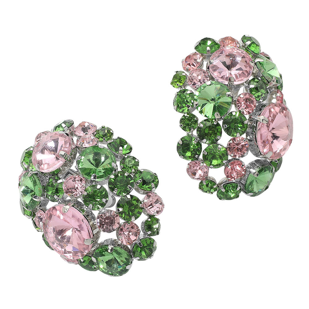 Oversized Rhinestone Cluster Clip-On Earrings - Pink & Green - view 2