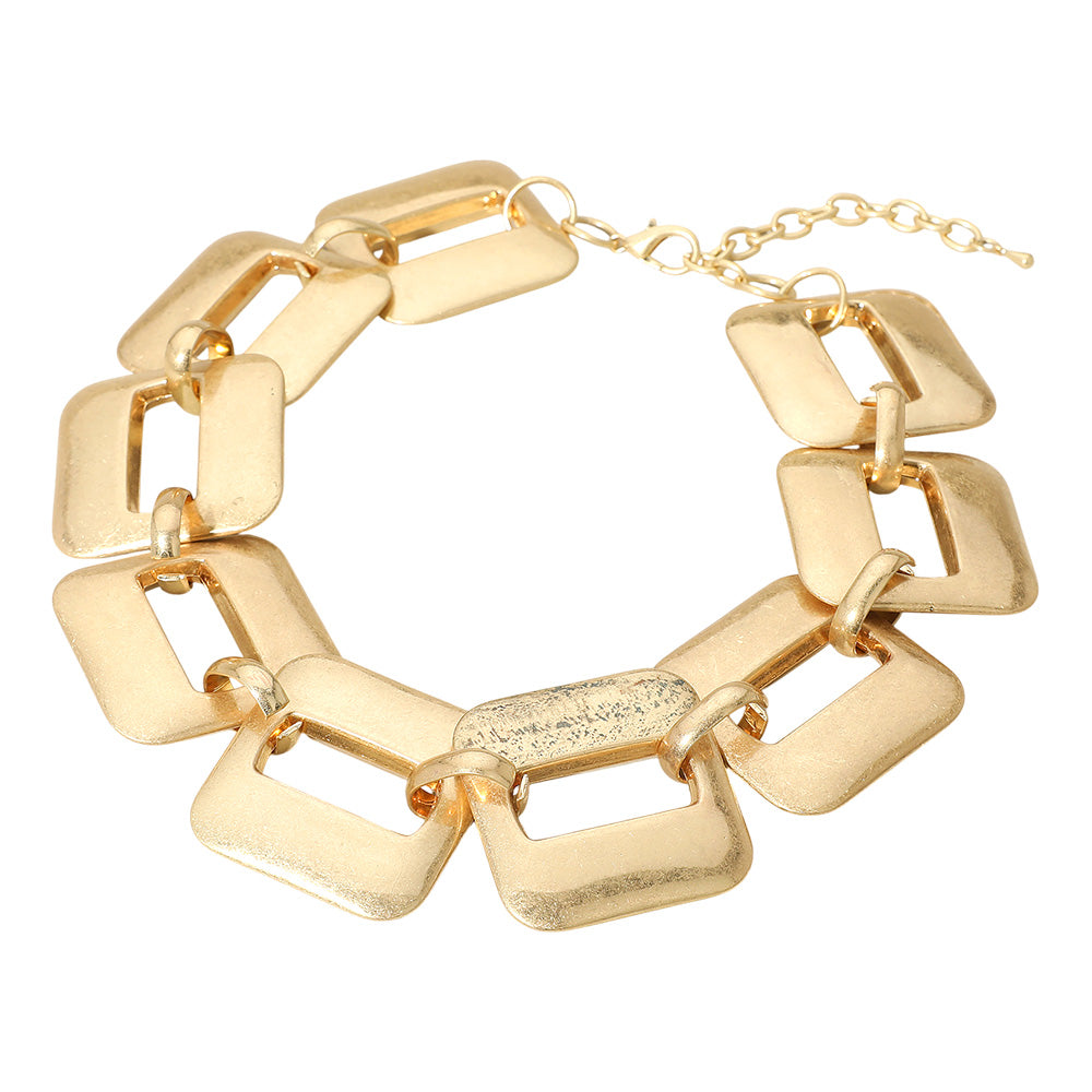 Brushed Metal Square Link Statement Necklace - Gold