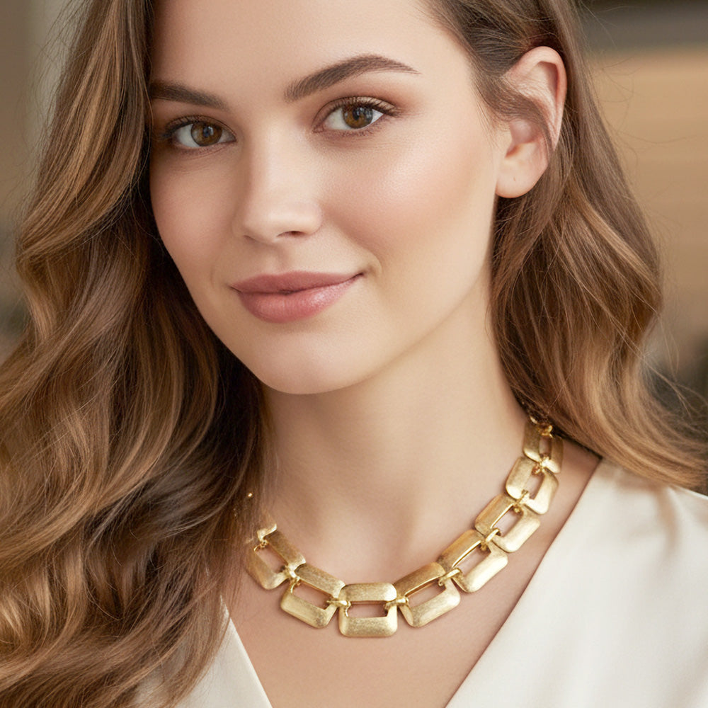 Brushed Metal Square Link Statement Necklace - Gold