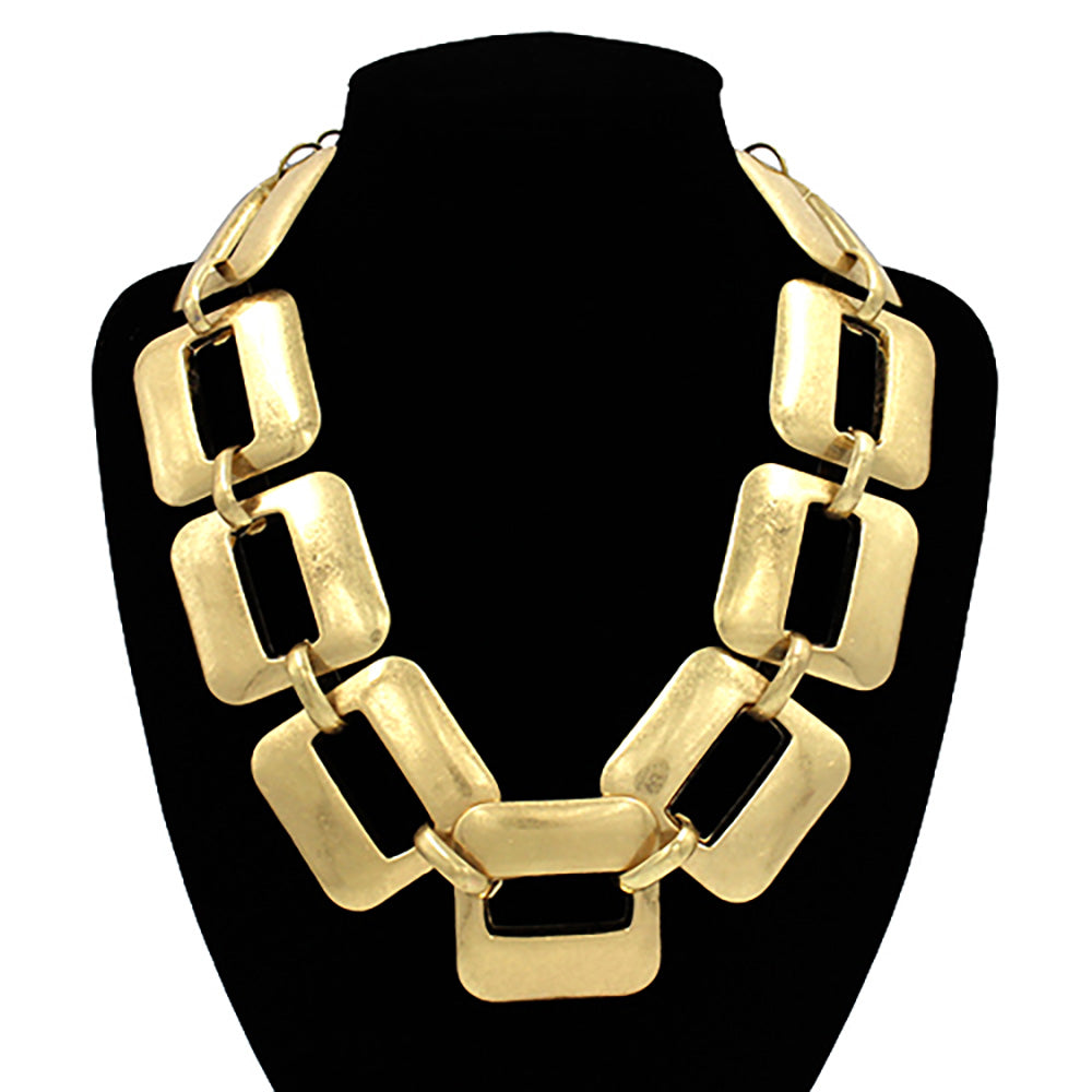 Brushed Metal Square Link Statement Necklace - Gold