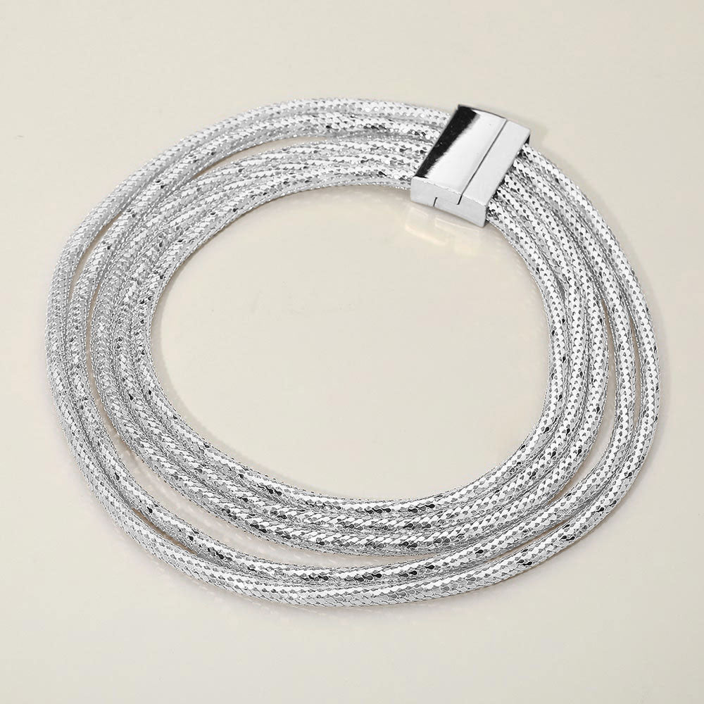 Multi Strand Textured Chain Magnetic Necklace - Rhodium