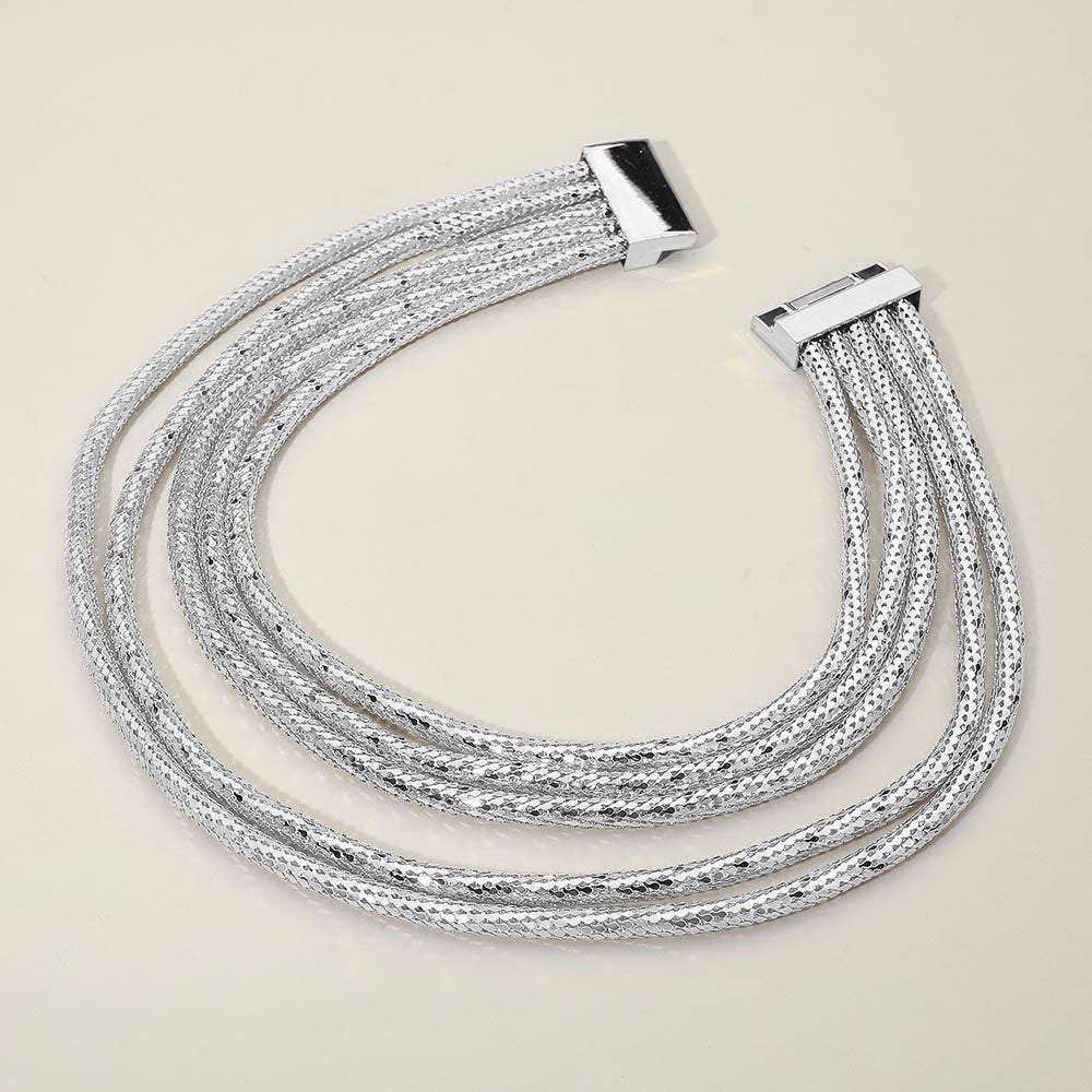 Multi Strand Textured Chain Magnetic Necklace - Rhodium