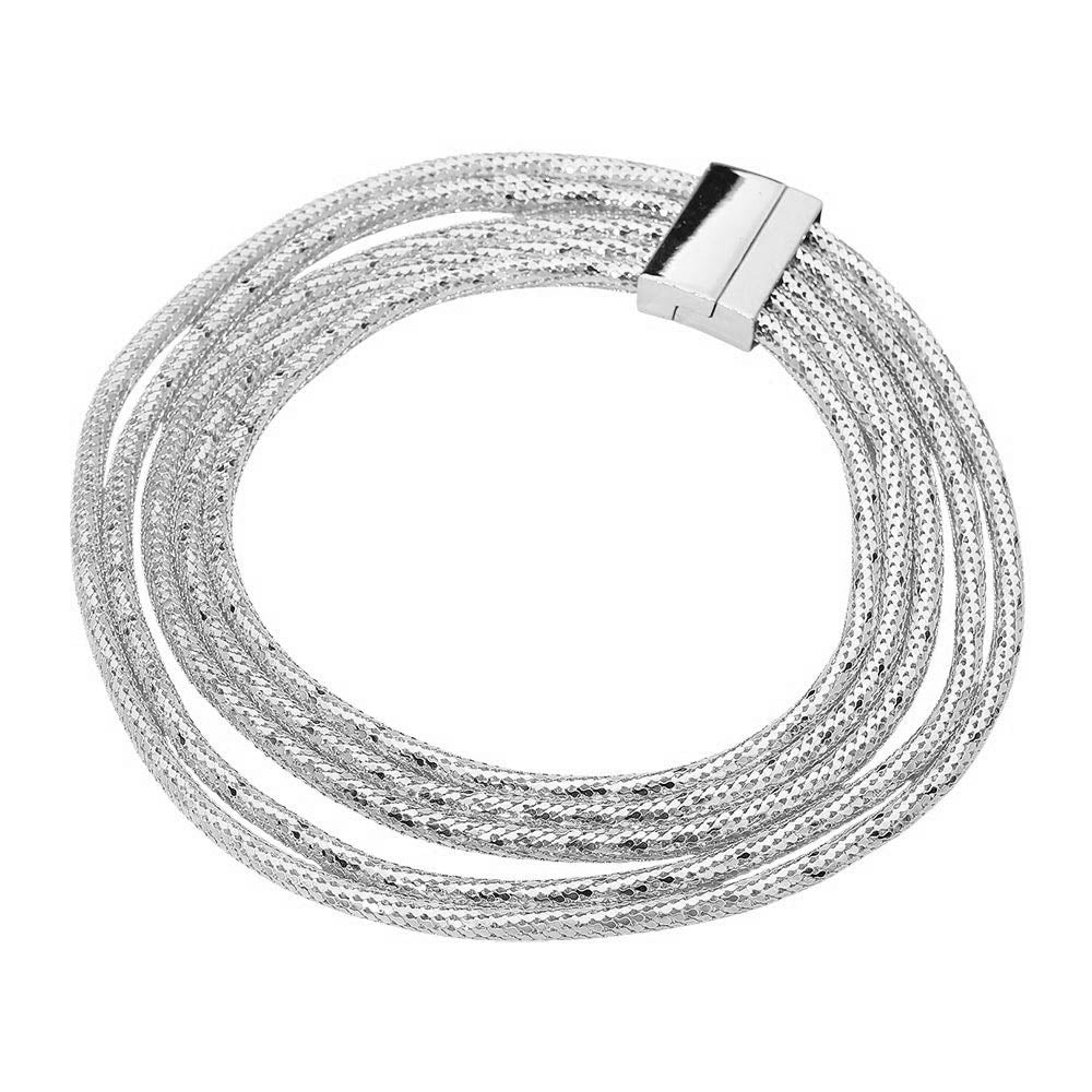 Multi Strand Textured Chain Magnetic Necklace - Rhodium