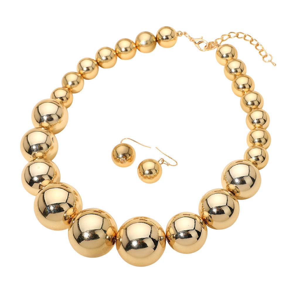 Graduated Bead Necklace and Earring Set - Gold