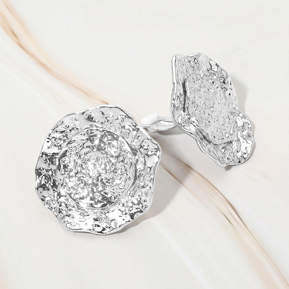Textured Metal Round Clip-On Earrings - Rhodium