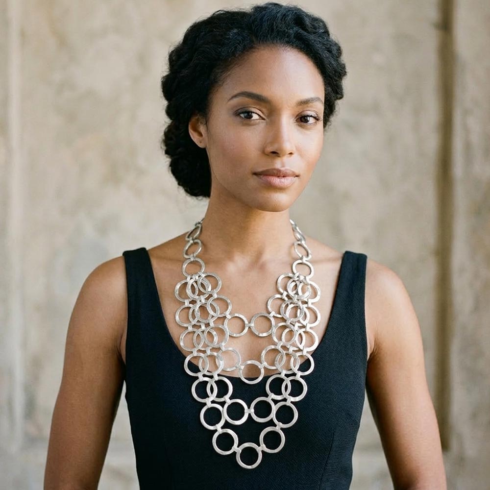 Circle Link Layered Statement Necklace - Silver