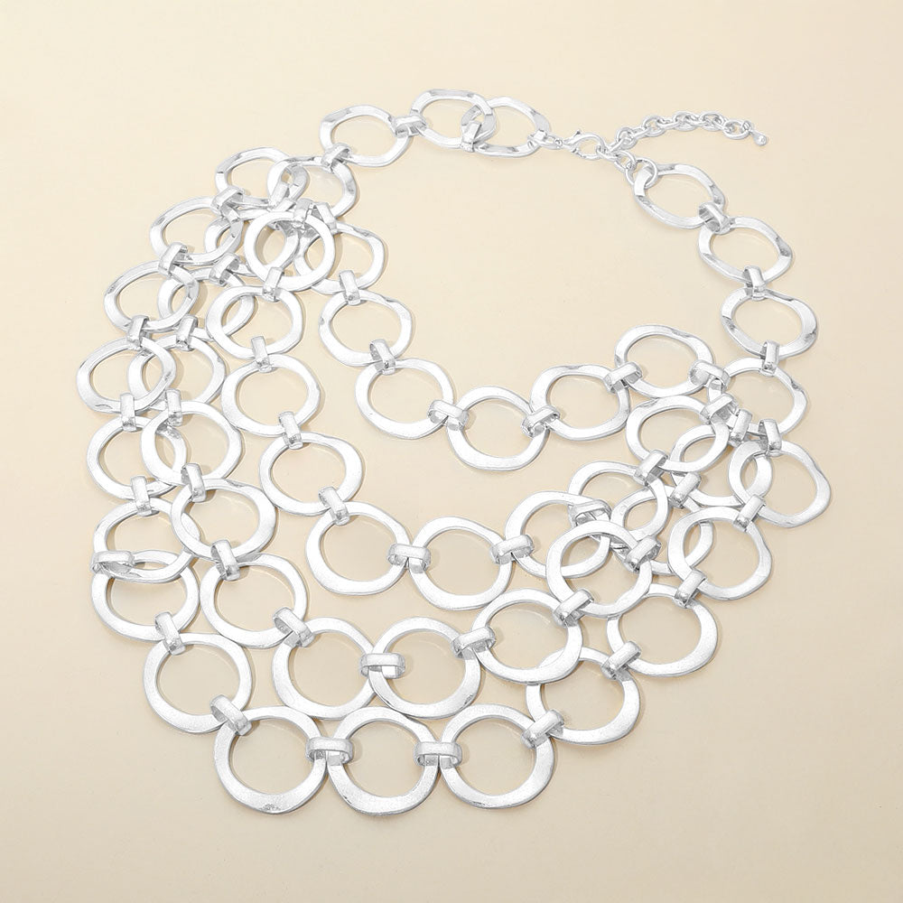 Circle Link Layered Statement Necklace - Silver
