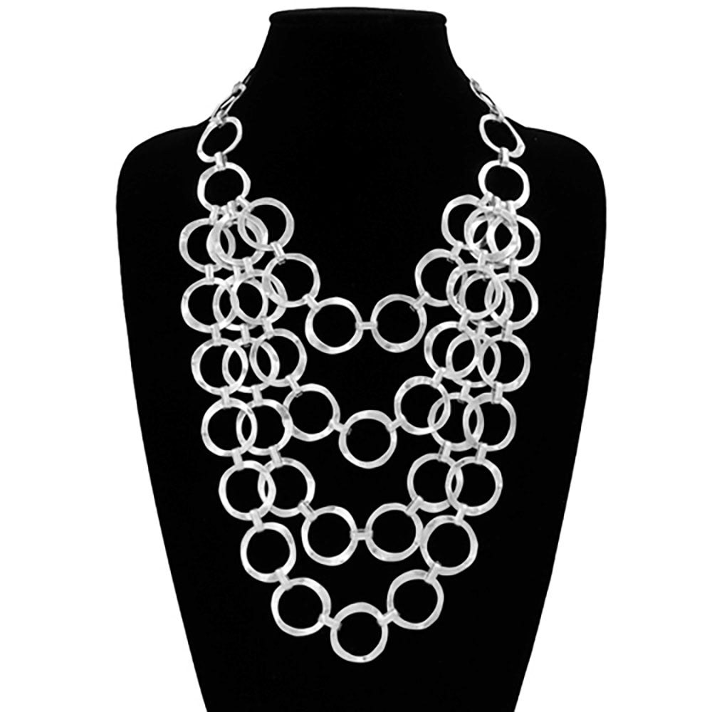 Circle Link Layered Statement Necklace - Silver