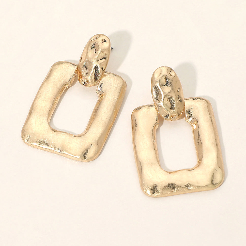 Hammered Square Door Knocker Earrings - Worn Gold