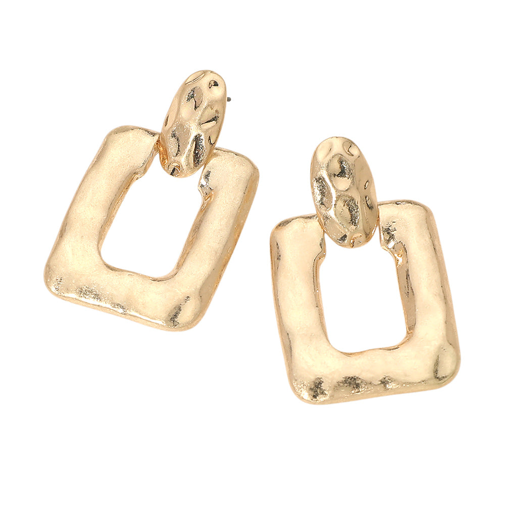Hammered Square Door Knocker Earrings - Worn Gold