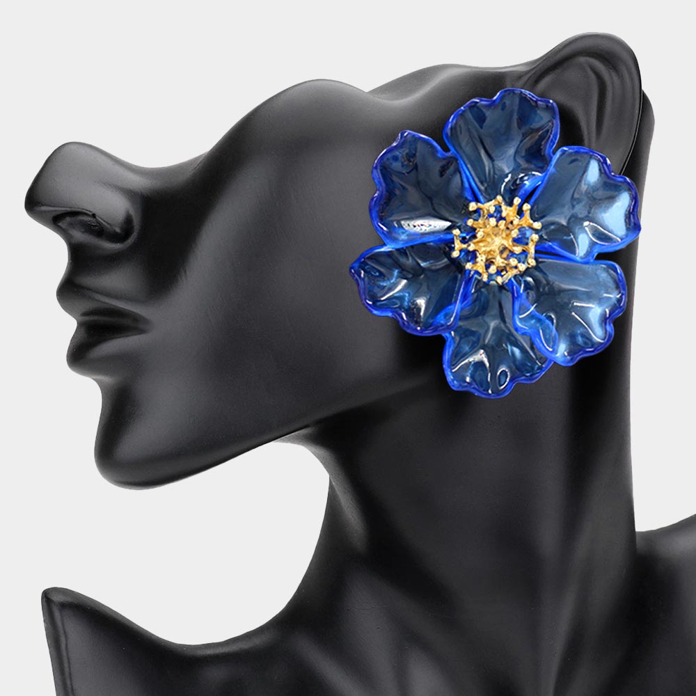 Transparent Resin Floral Statement Earrings - Blue