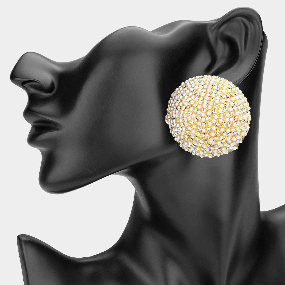 Bling Studded Round Clip-On Earrings - Cream / Gold - view 1