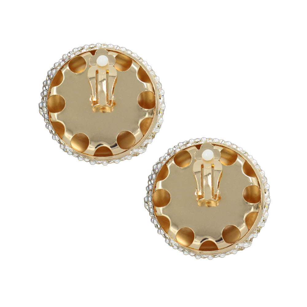 Bling Studded Round Clip-On Earrings - Cream / Gold - view 2
