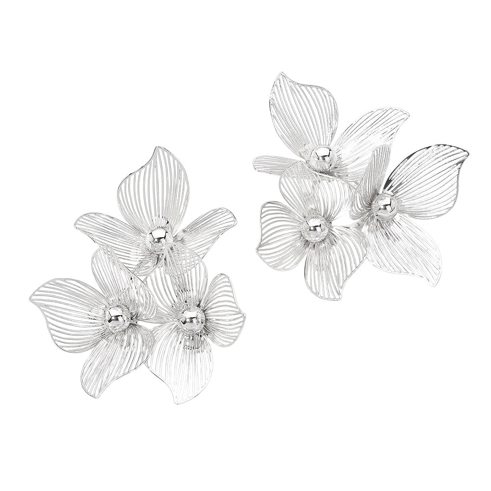 Metal Cutout Triple Floral Statement Earrings - Rhodium