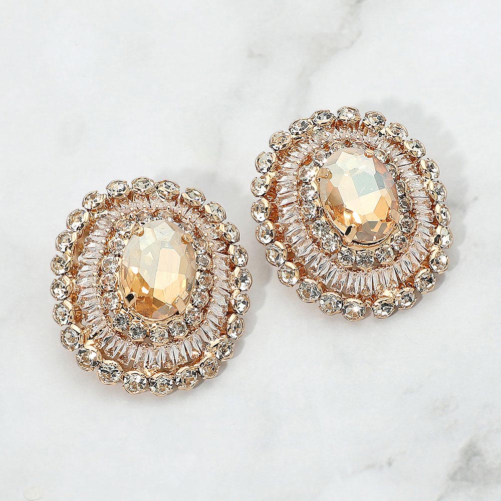 Vintage Glam Oval Crystal Halo Earrings - Gold / Light Colorado Topaz - view 1