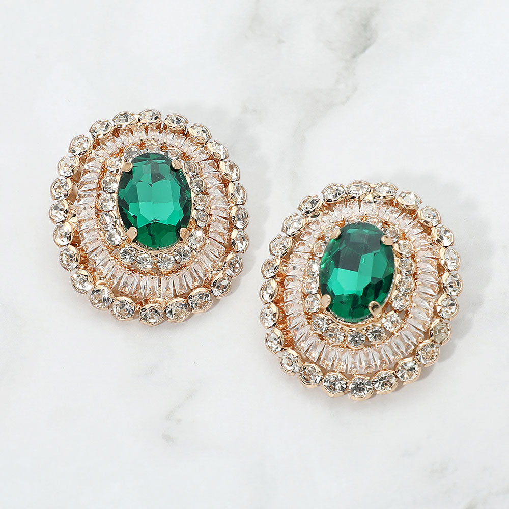 Vintage Glam Oval Crystal Halo Earrings - Gold / Green - view 1