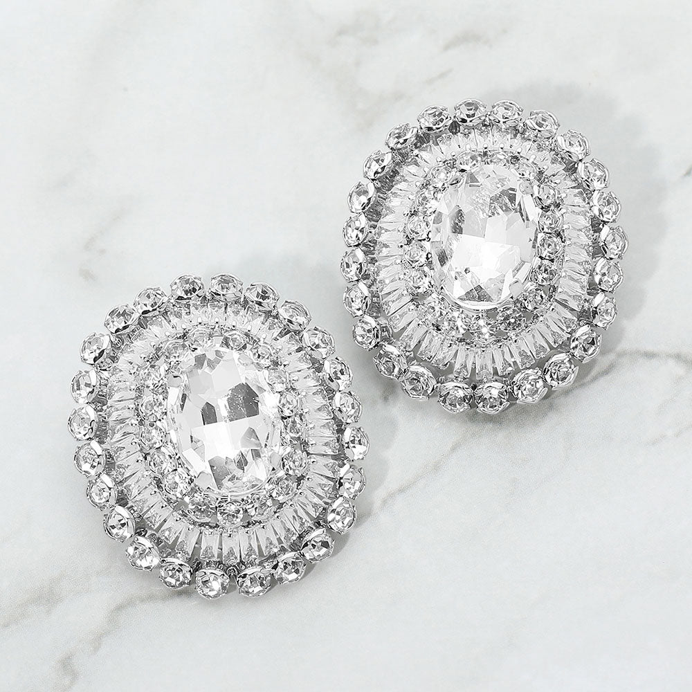 Vintage Glam Oval Crystal Halo Earrings - Clear / Rhodium - view 1