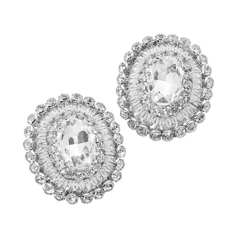 Vintage Glam Oval Crystal Halo Earrings - Clear / Rhodium - view 2