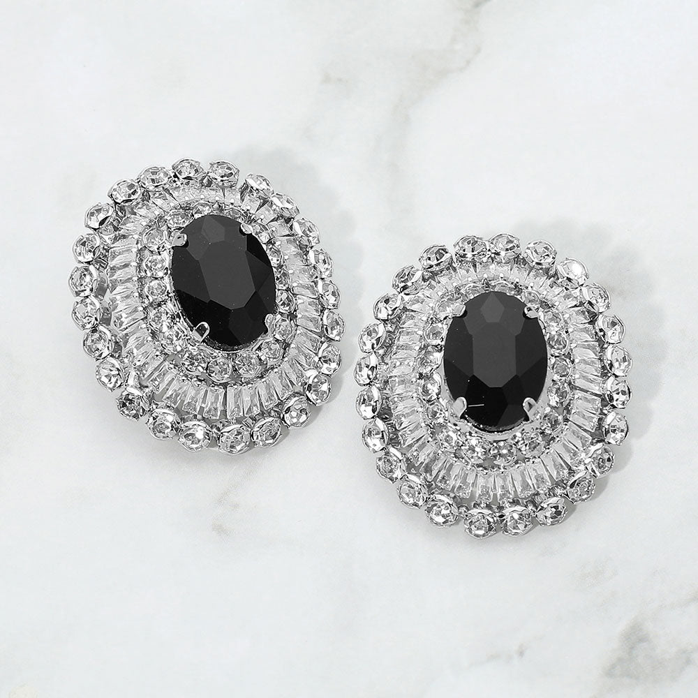 Vintage Glam Oval Crystal Halo Earrings - Jet Black / Rhodium - view 1