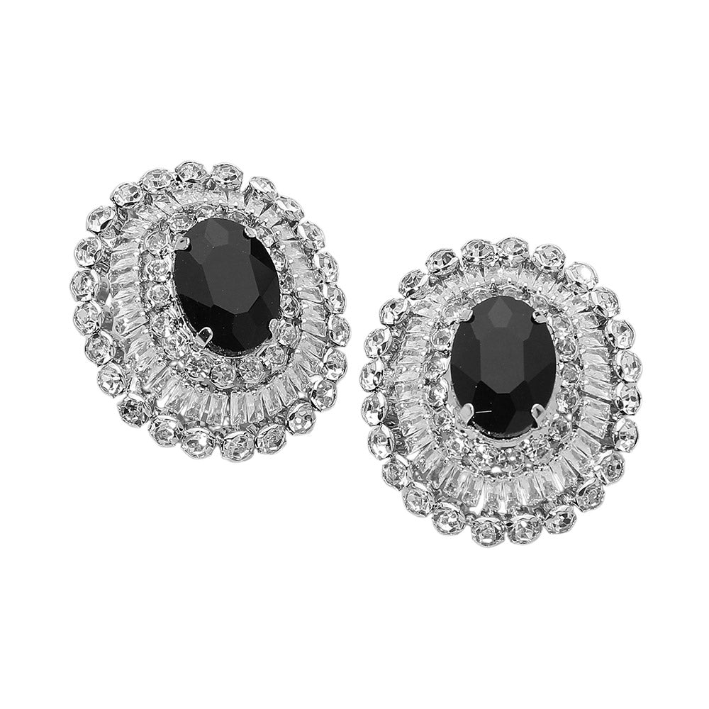 Vintage Glam Oval Crystal Halo Earrings - Jet Black / Rhodium - view 2