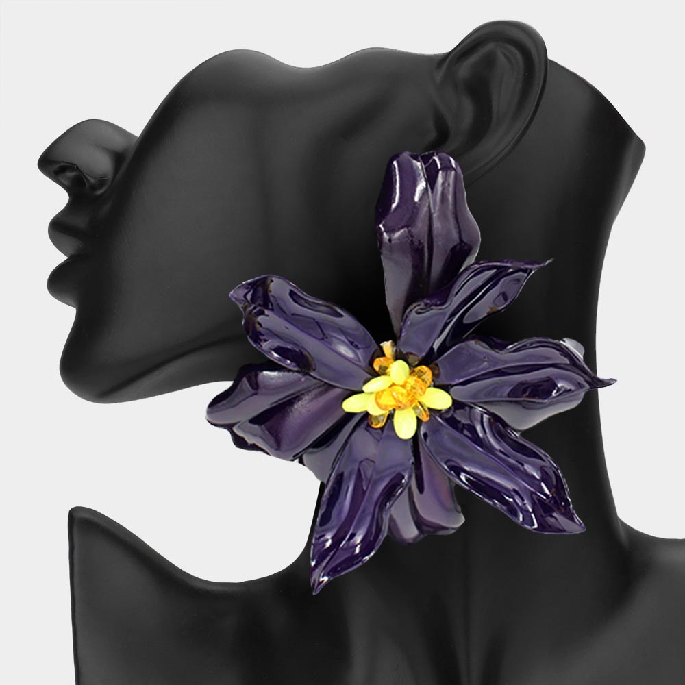 Oversized Bloom Floral Statement Earrings - Dark Purple