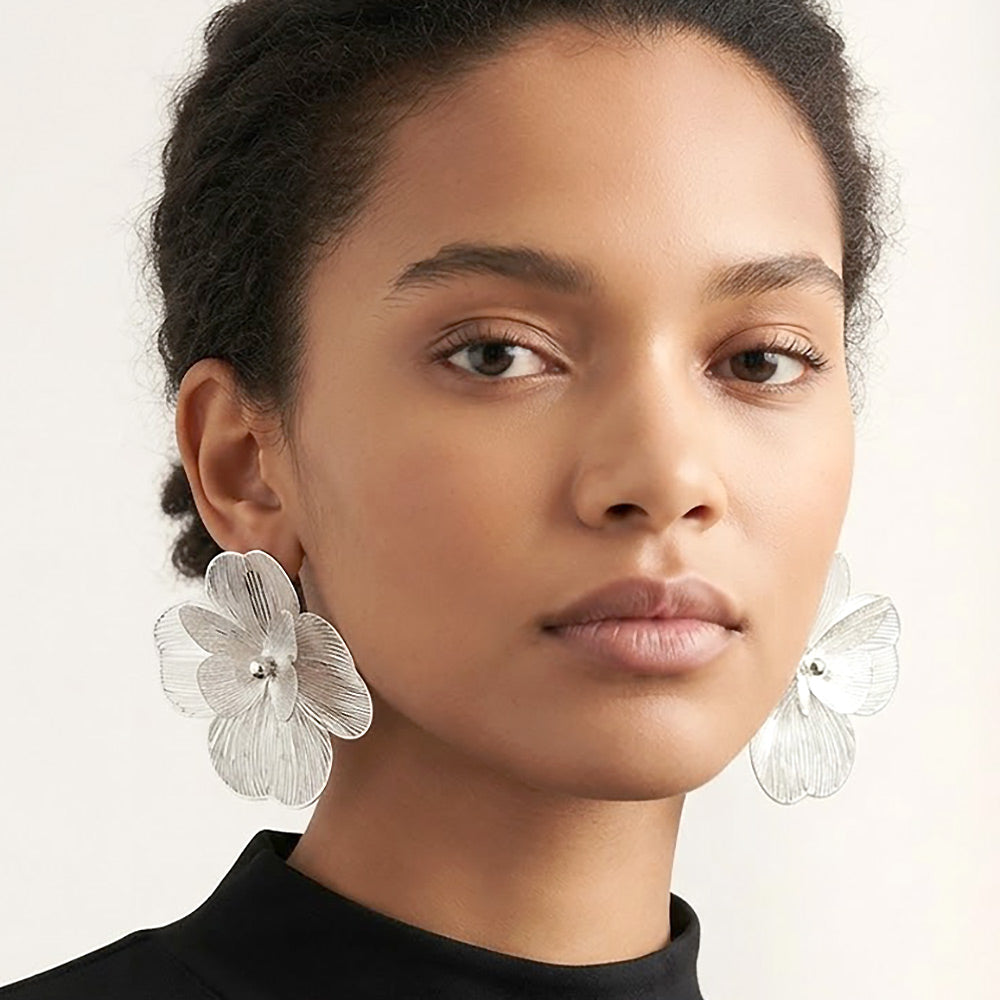 Layered Petal Floral Statement Earrings - Rhodium