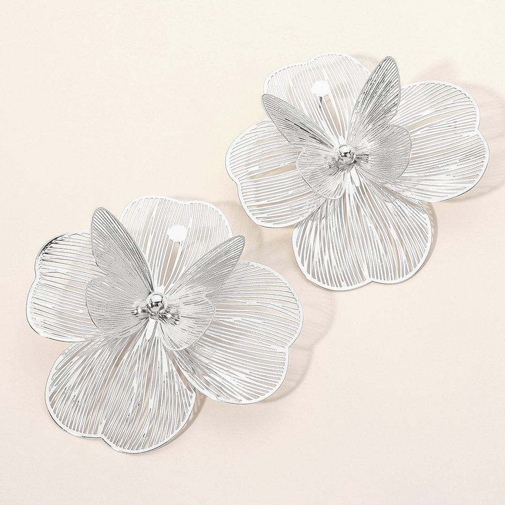 Layered Petal Floral Statement Earrings - Rhodium