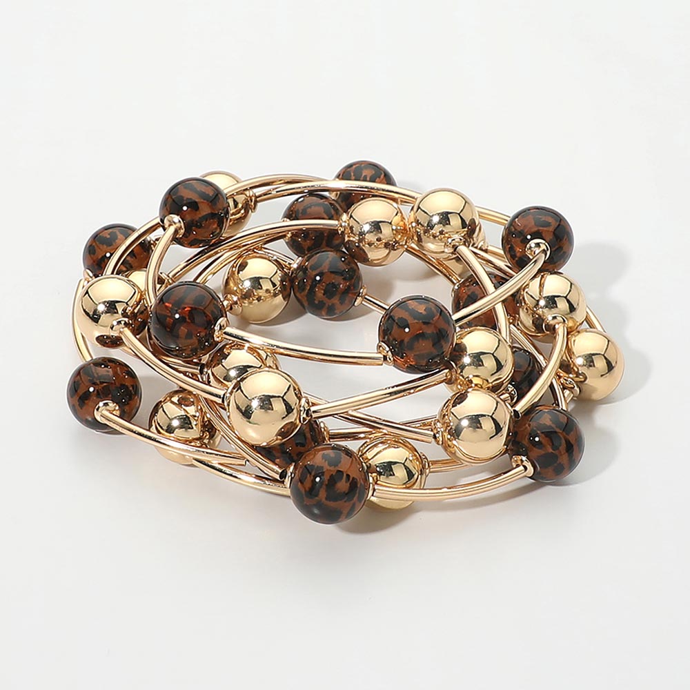 Six Piece Animal Print Beaded Stretch Bracelet Set - Brown / Gold