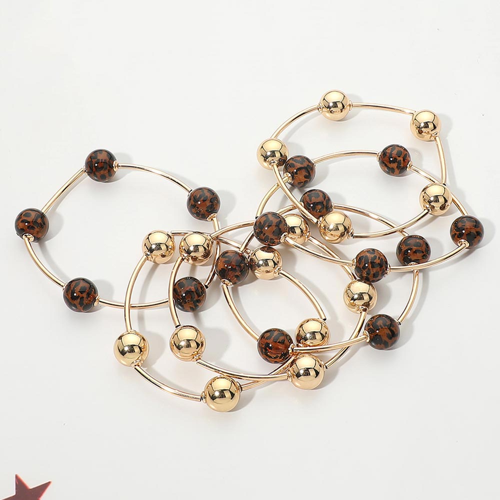 Six Piece Animal Print Beaded Stretch Bracelet Set - Brown / Gold