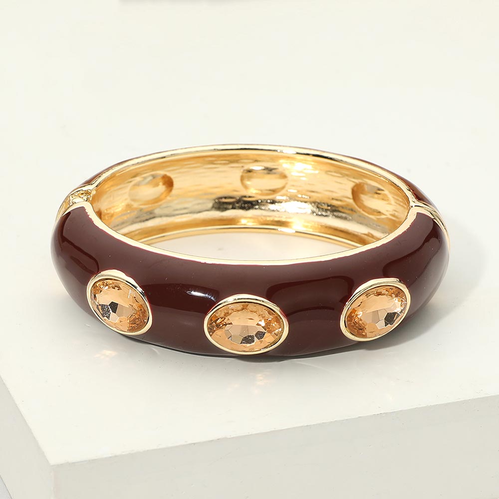 Faceted Oval Stone Hinged Bangle Bracelet - Burgundy