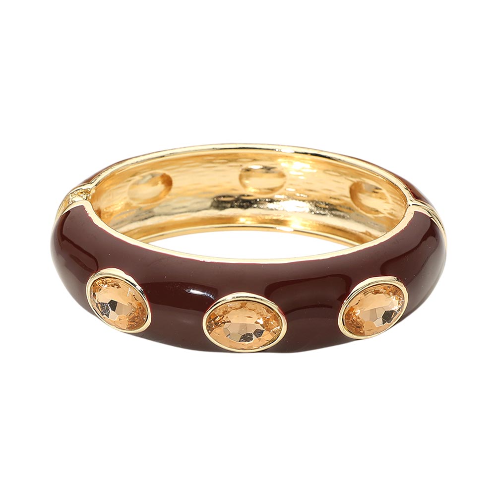 Faceted Oval Stone Hinged Bangle Bracelet - Burgundy