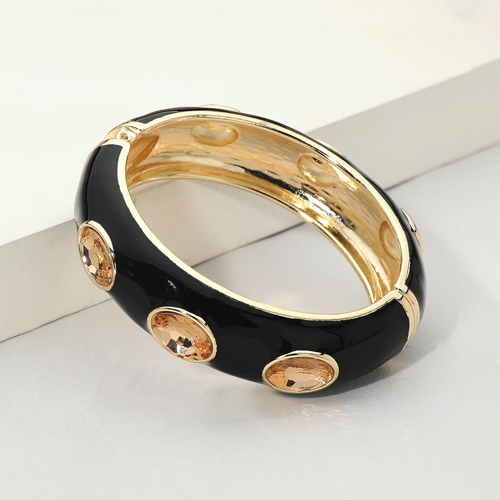 Faceted Oval Stone Hinged Bangle Bracelet - Black
