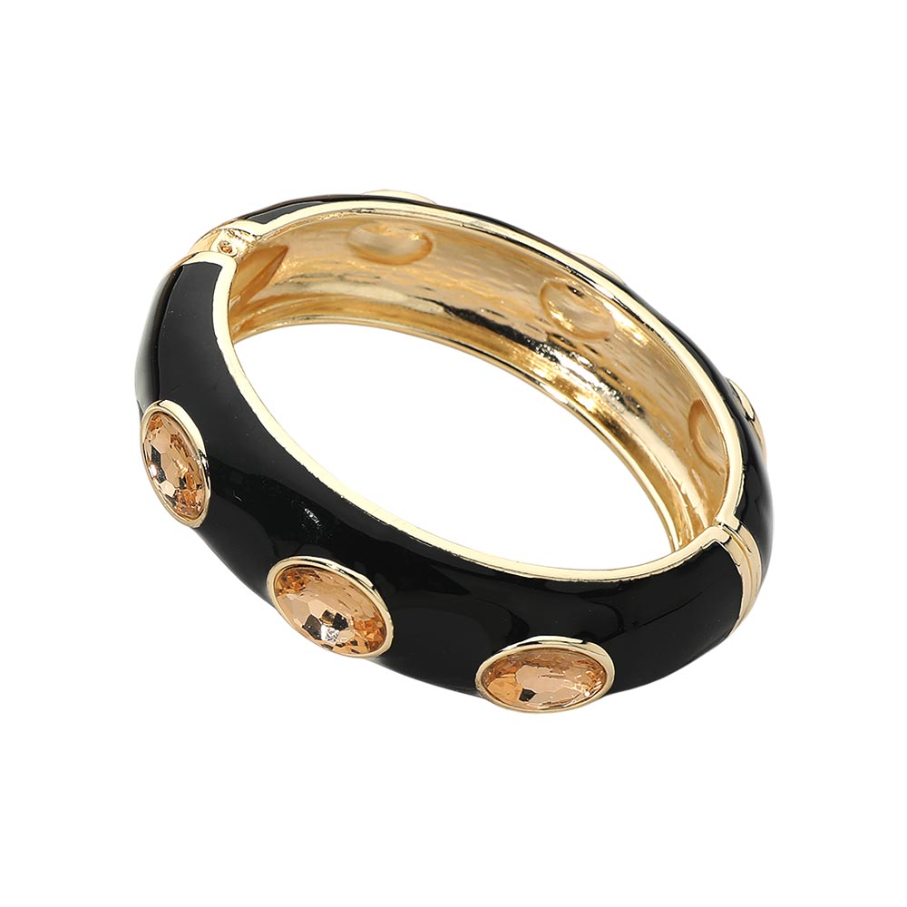 Faceted Oval Stone Hinged Bangle Bracelet - Black