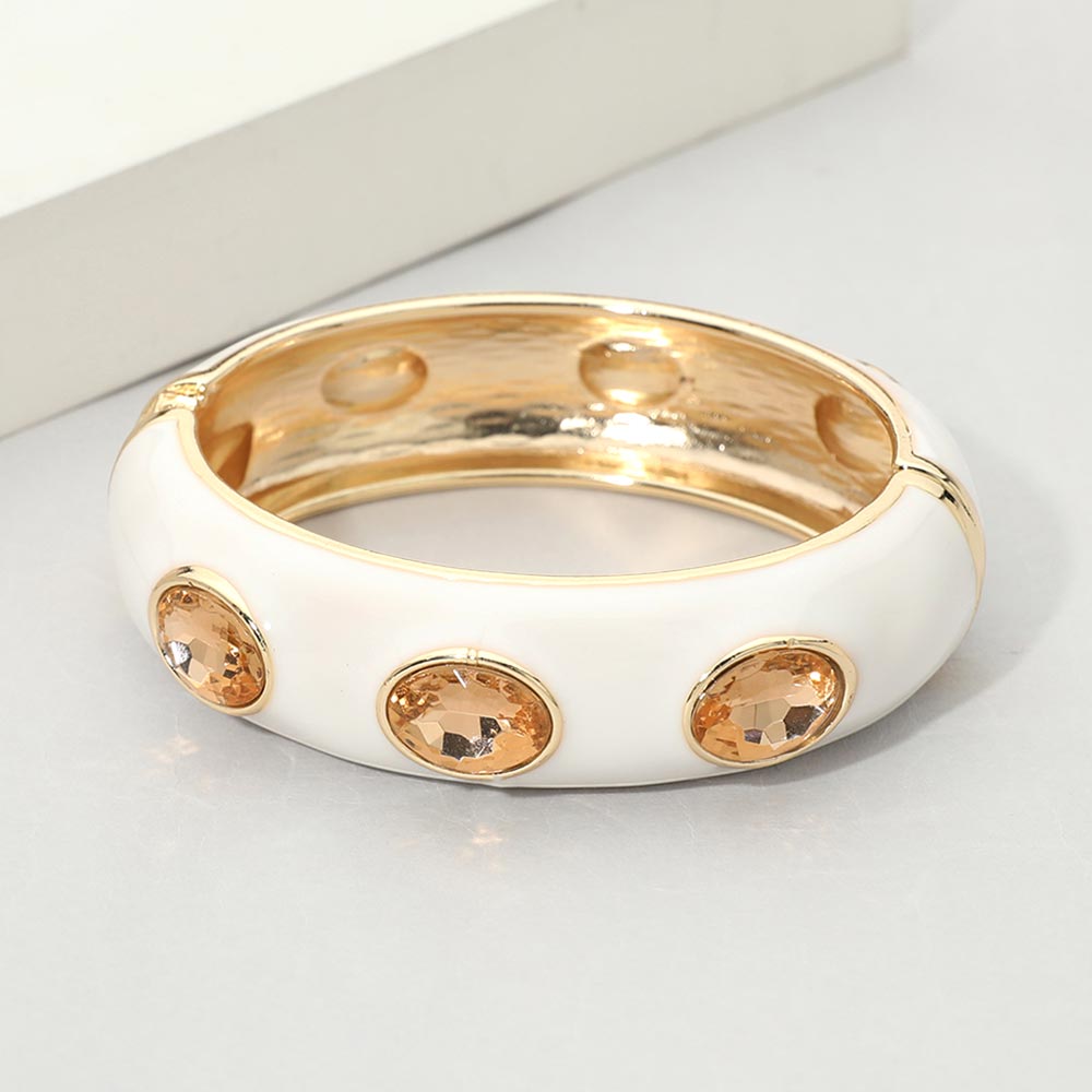 Faceted Oval Stone Hinged Bangle Bracelet - White
