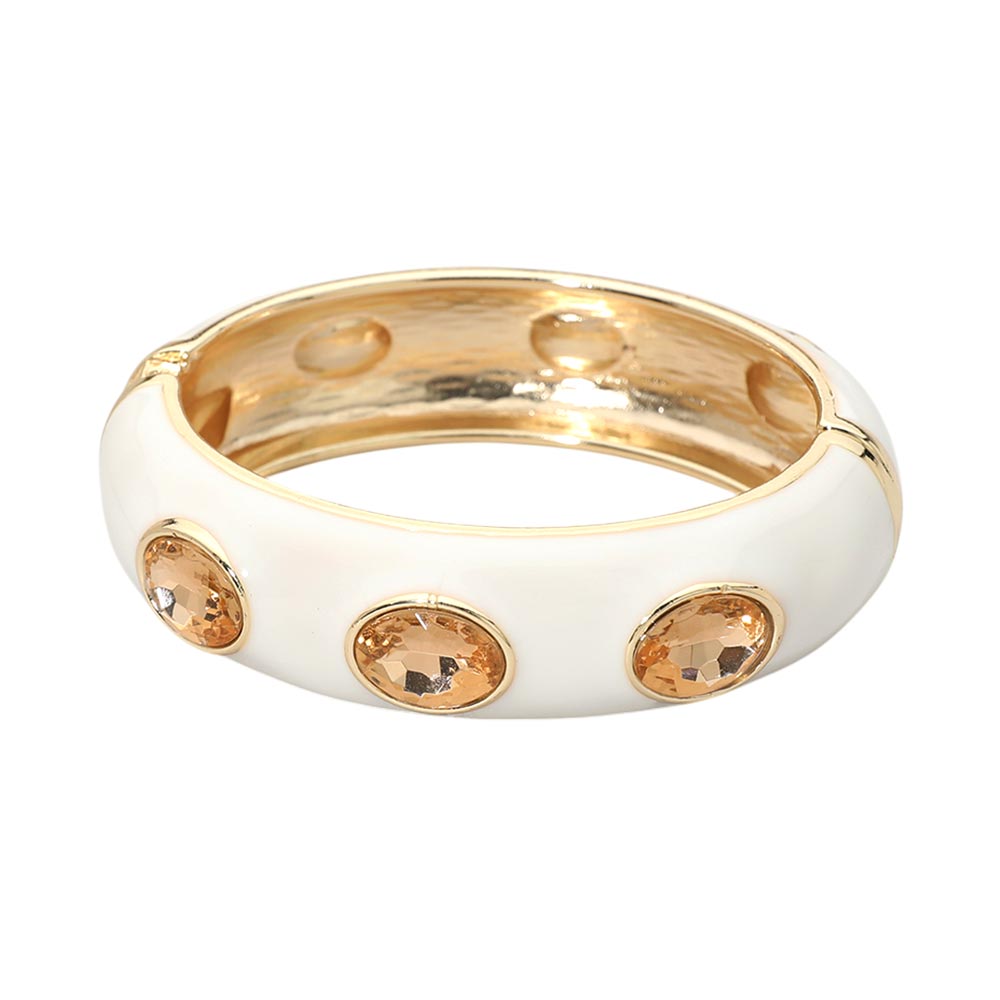 Faceted Oval Stone Hinged Bangle Bracelet - White
