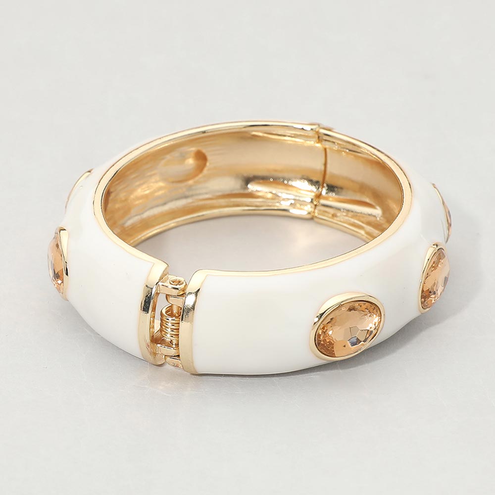Faceted Oval Stone Hinged Bangle Bracelet - White